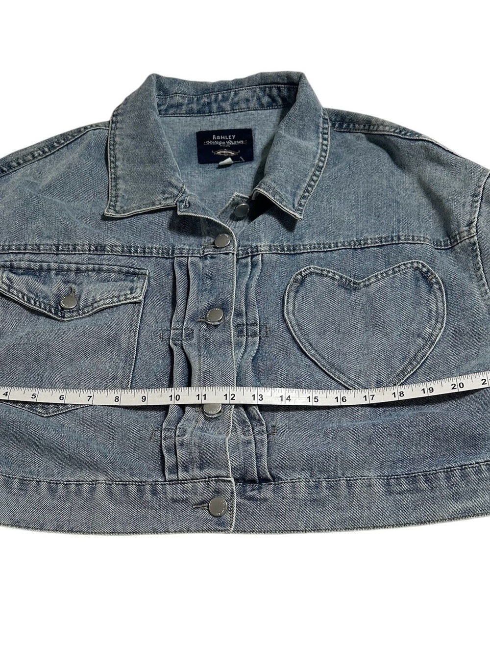 Ashley Vintage Charm Heart Pocket Cropped Denim Jacket Y2K Coquette XL - Picture 6 of 7